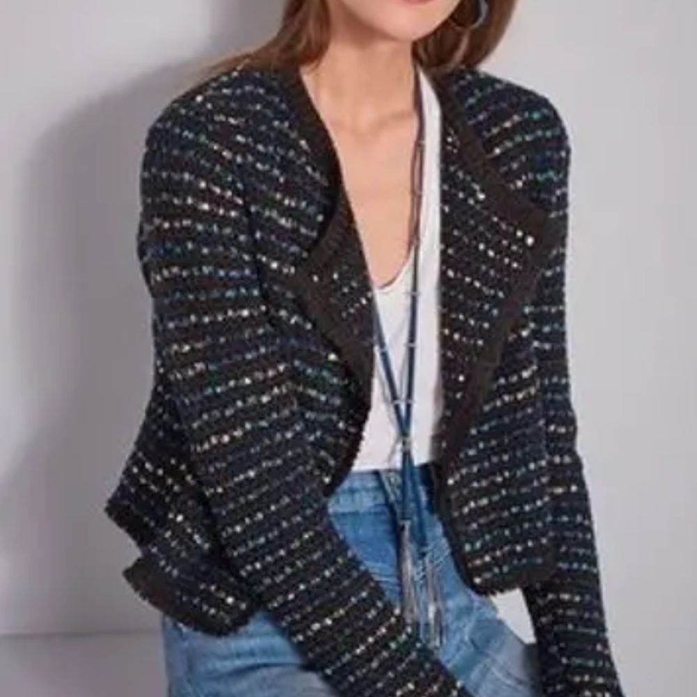 WHBM White House Black Market Blue Tweed Moto Jacket Blazer Large Open Front NWT